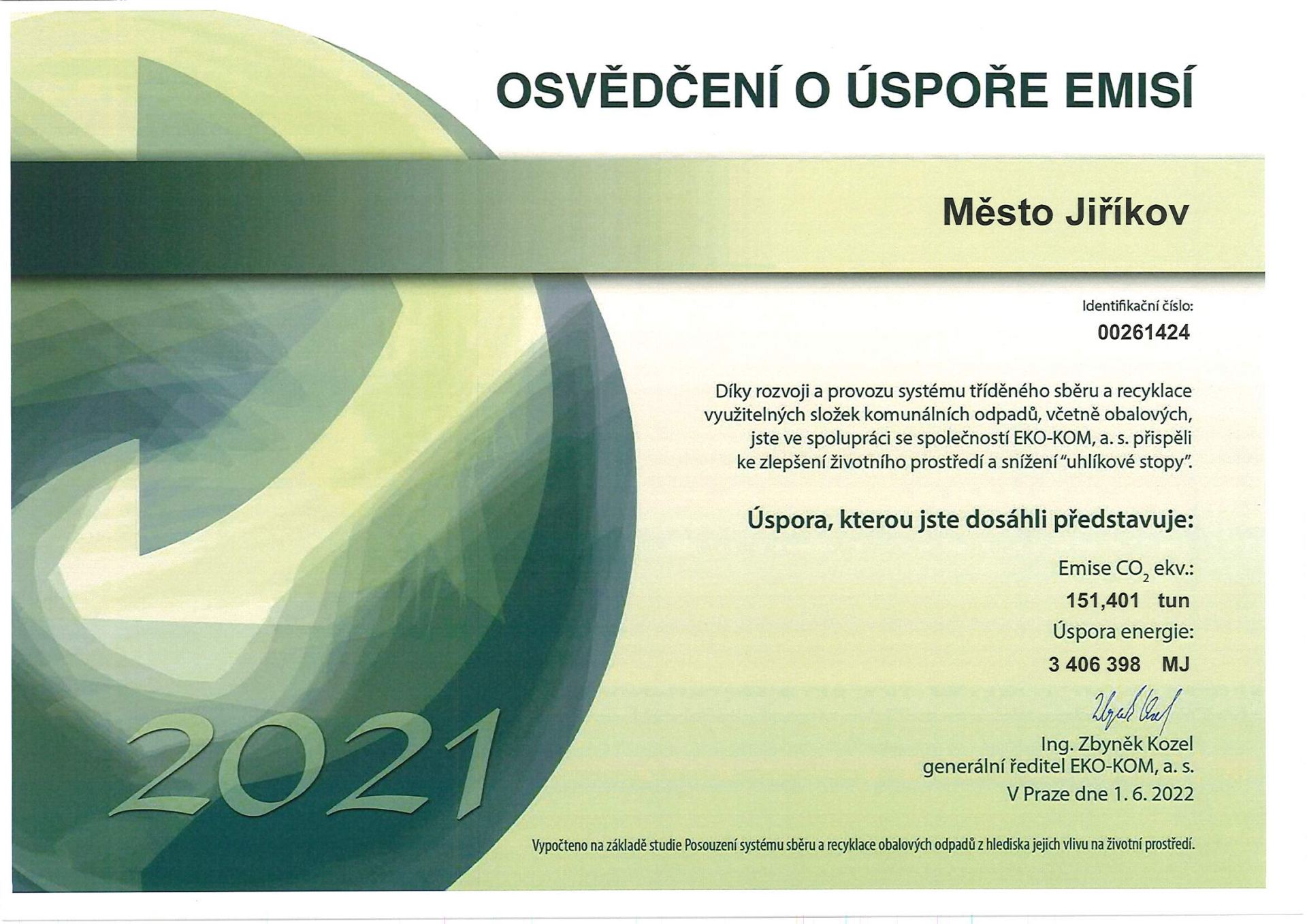 Osvědčení o úspoře emisí 2021