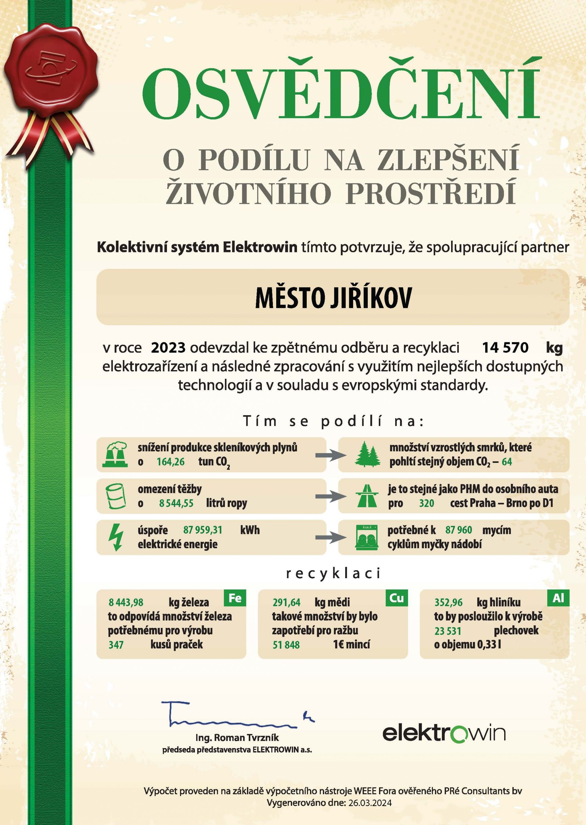 Osvědčení o podílu na zlepšení životního prostředí pro město Jiříkov za rok 2023